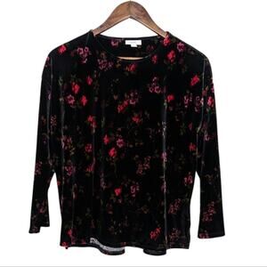 J. Jill Velvet Floral Top Small Petite Black Red Pullover Whimsygoth Romantic